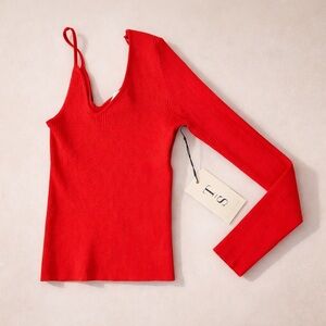 Twine & String One Shoulder Red Ribbed asymmetrical top Size L NWT